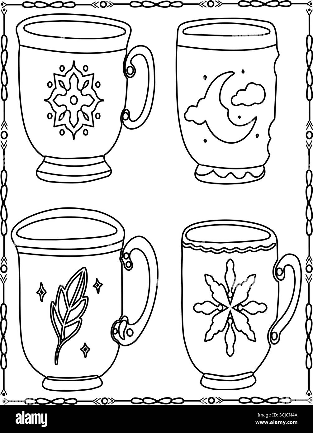 Collezione di tazze da caffè disegnate a mano. Pagina colorata della tazza da caffè per bambini e adulti. Illustrazione Vettoriale
