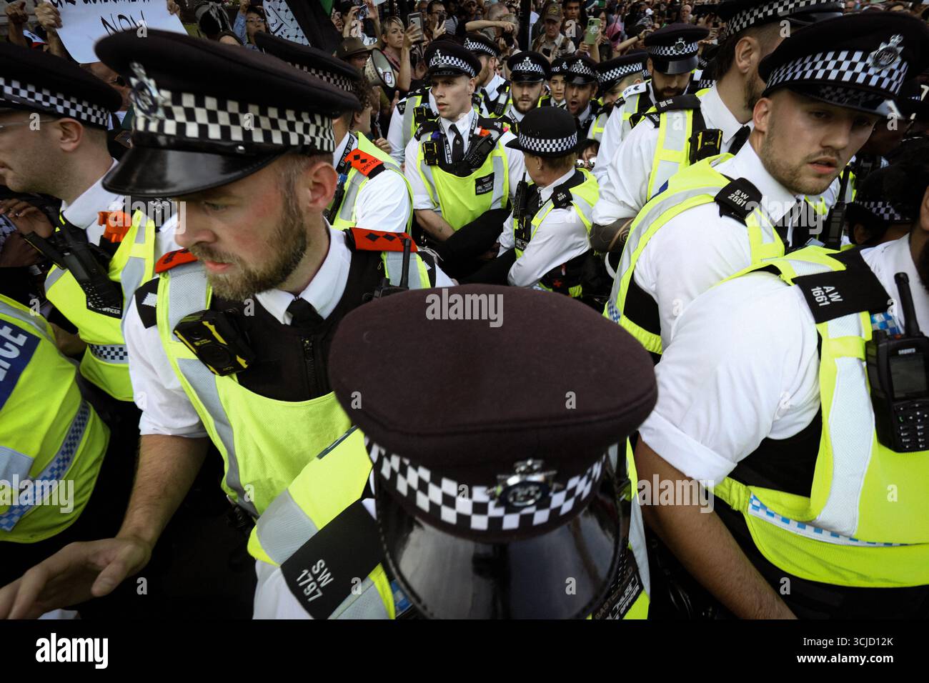 Londra, Regno Unito. 6 settembre 2025. Una persona è trattenuta dalla polizia in piazza del Parlamento per aver tenuto in mano cartelli che dimostrano il sostegno all'azione palestinese. Il gruppo di attivisti è stato elencato come un'organizzazione terroristica dal Ministro degli interni, Yvette Cooper, dopo che il gruppo ha verniciato due aerei in una base della RAF in uno spettacolo di sostegno al popolo palestinese. Crediti: Andy Barton/Alamy Live News Foto Stock