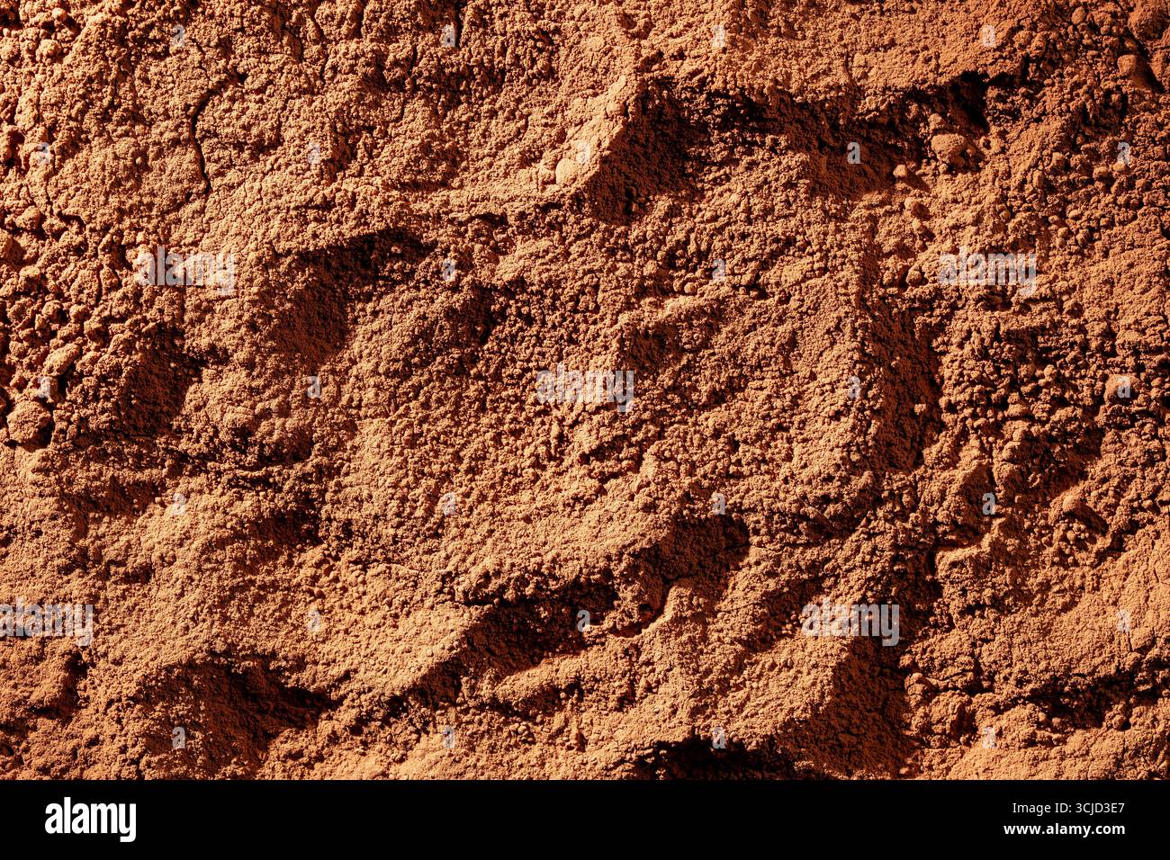 Sfondo ruvido in polvere di cacao marrone scuro naturale, primo piano, vista dall'alto Foto Stock