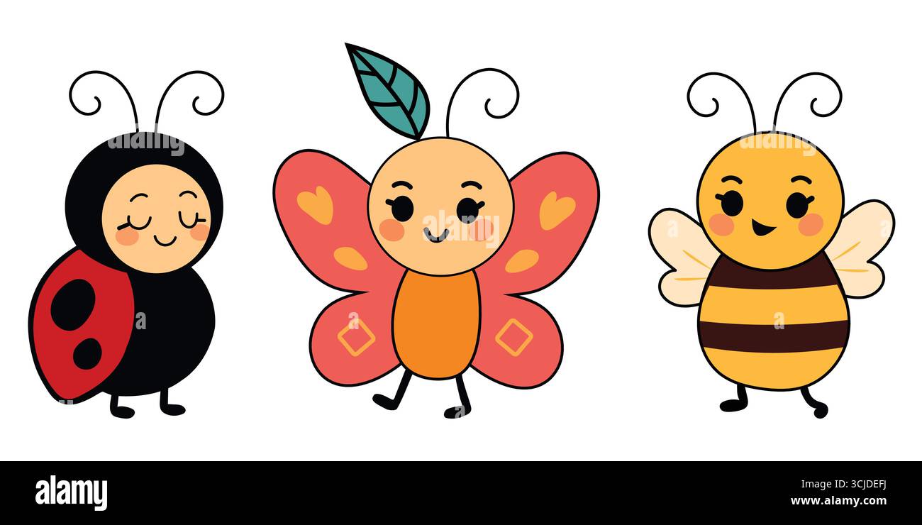 Divertenti insetti di cartone animato: Coccinello, farfalla e Bee Trio per bambini Illustrazione Vettoriale