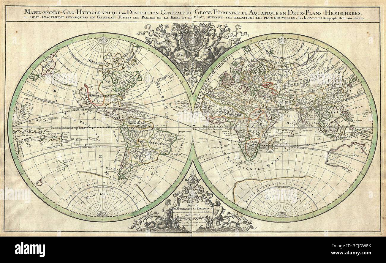 1691 Sanson Mappa del mondo – Mappe-monde Geo-Hydrographique. Progettata da Nicolas Sanson, geografo reale di Francia, questa proiezione a doppio emisfero illustra il globo con linee costiere dettagliate, confini politici e prime conoscenze geografiche. Pubblicata a Parigi nel 1691, la mappa include elaborati cartigli decorativi con figure mitologiche e disegni decorativi. Foto Stock