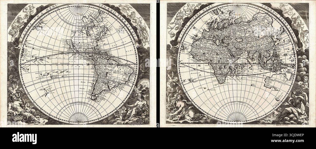 1696 Zahn Mappa del mondo in due emisferi – facies una Hemi-sphaerii Terrestris e facies altera Hemi-sphaerii Terrestris. Creata da Johann Zahn per la sua opera pseudo-scientifica Mundus Mirabili (“mondo meraviglioso”), questa rara incisione presenta il mondo in due emisferi con elaborate decorazioni allegoriche di bordo. La mappa riflette la conoscenza geografica della fine del XVII secolo, illustrando l'Europa, l'Asia, l'Africa, le Americhe, e parti dell'Oceania in un audace stile cartografico dell'era dell'Illuminismo. Foto Stock