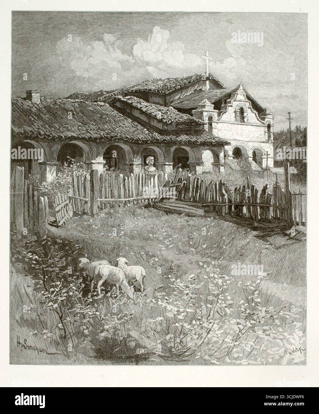 Missione di San Antonio, 1882. Incisione fotomeccanica in legno su carta di Henry Wolf, dopo Henry Sandham. L'opera d'arte raffigura la storica missione spagnola con il suo tetto piastrellato, la cappella con tetto a croce, i corridoi ad arco e il cortile chiuso, dove due pecore pascolano pacificamente in primo piano. Una raffinata stampa del XIX secolo che cattura il carattere architettonico e pastorale delle prime missioni della California. Foto Stock