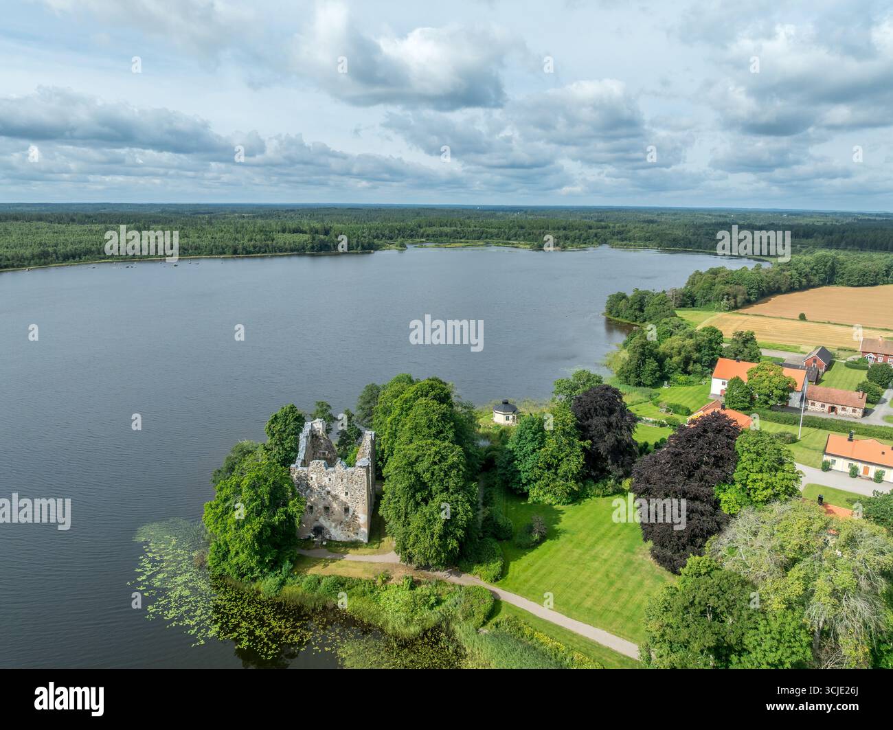 Vista aerea del castello di Bergkvara e del lago in Svezia vicino a Vaxjö. Rovina medievale di forma quadrata abbandonata Foto Stock