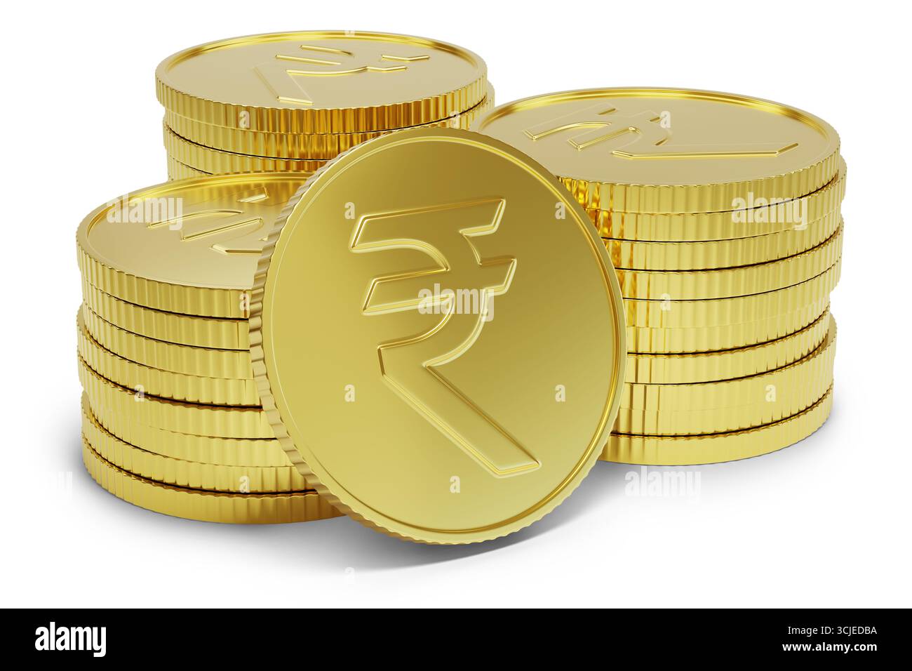 Monete d'oro con segno di rupia isolate su sfondo bianco. illustrazione 3d. Foto Stock