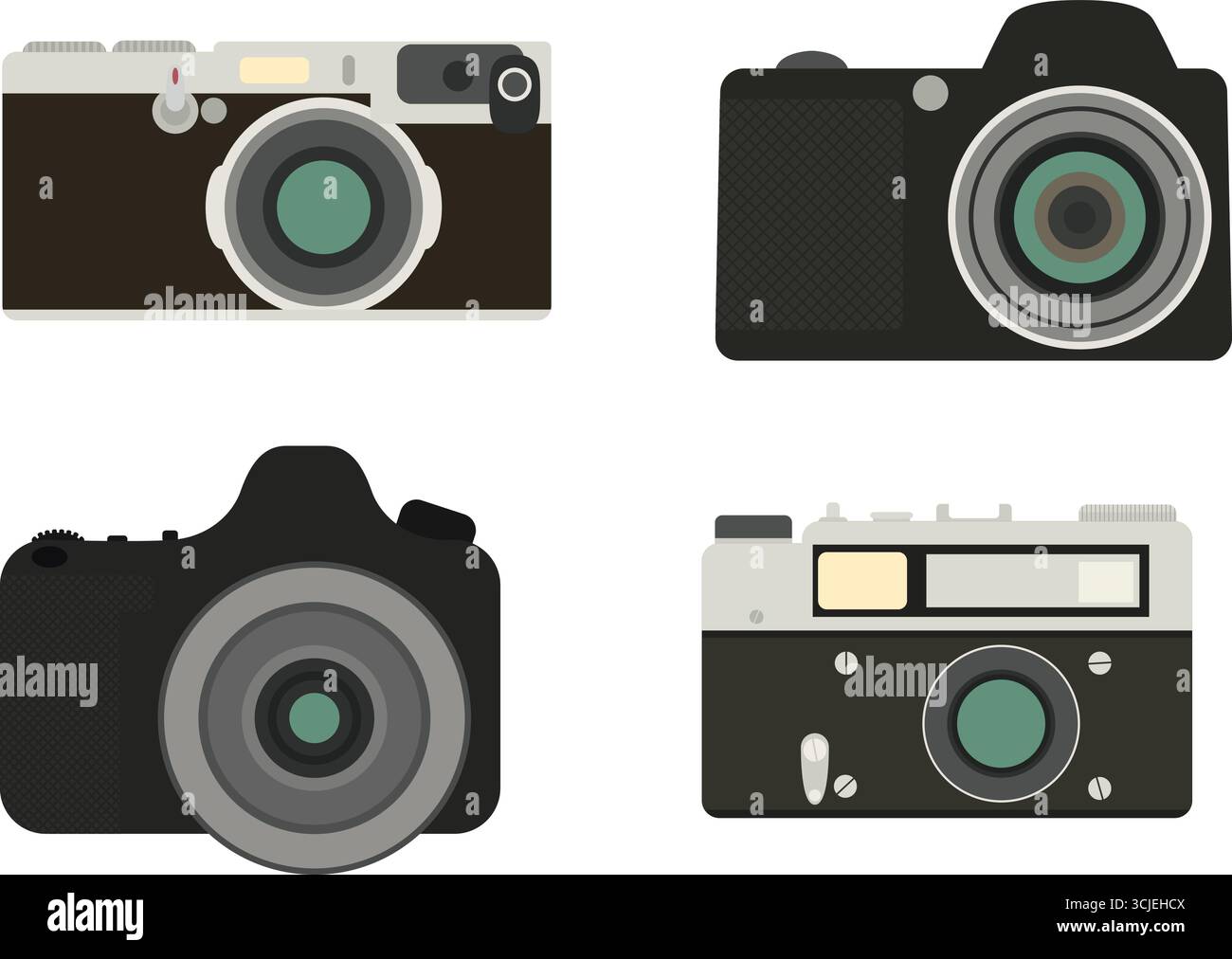 Set vettoriale icona Flat Cartoon camera. Fotocamere retrò e moderne con vista frontale. Icone della fotografia isolata, simbolo della fotocamera per la progettazione di fotografi Illustrazione Vettoriale