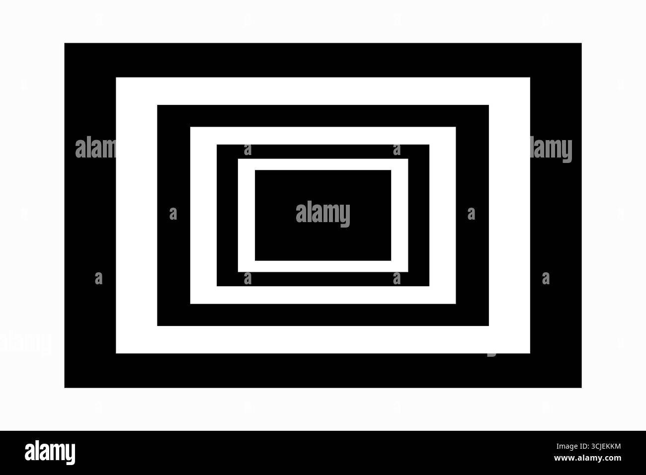Illusione ottica di quadrati bianchi e neri nidificati che creano profondità su uno sfondo bianco. Concetto di simmetria, prospettiva e percezione visiva. Foto Stock