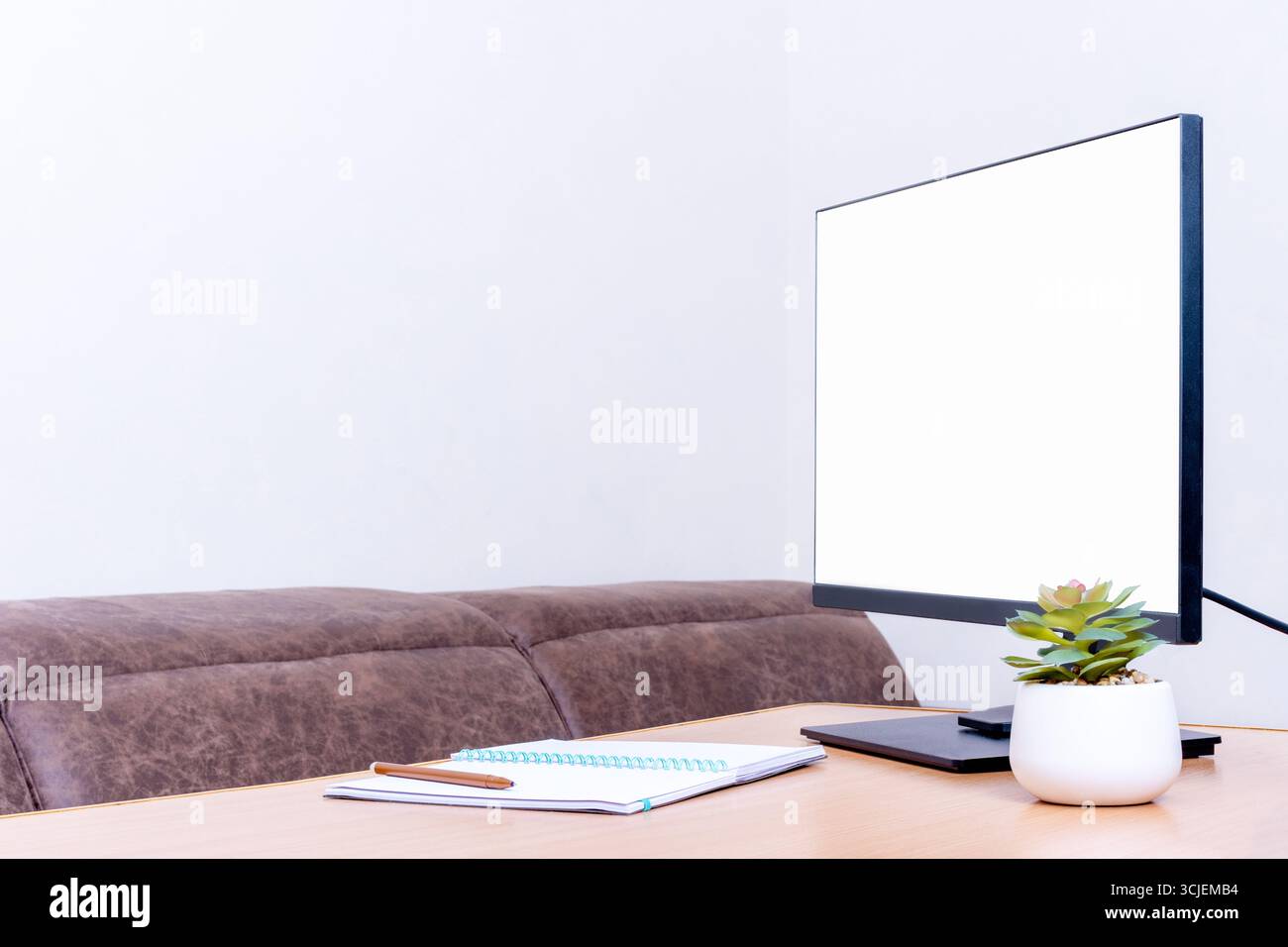 Spazio di lavoro minimalista con monitor per computer vuoto, notebook con penna e un piccolo succulento su una scrivania di legno contro una parete bianca Foto Stock