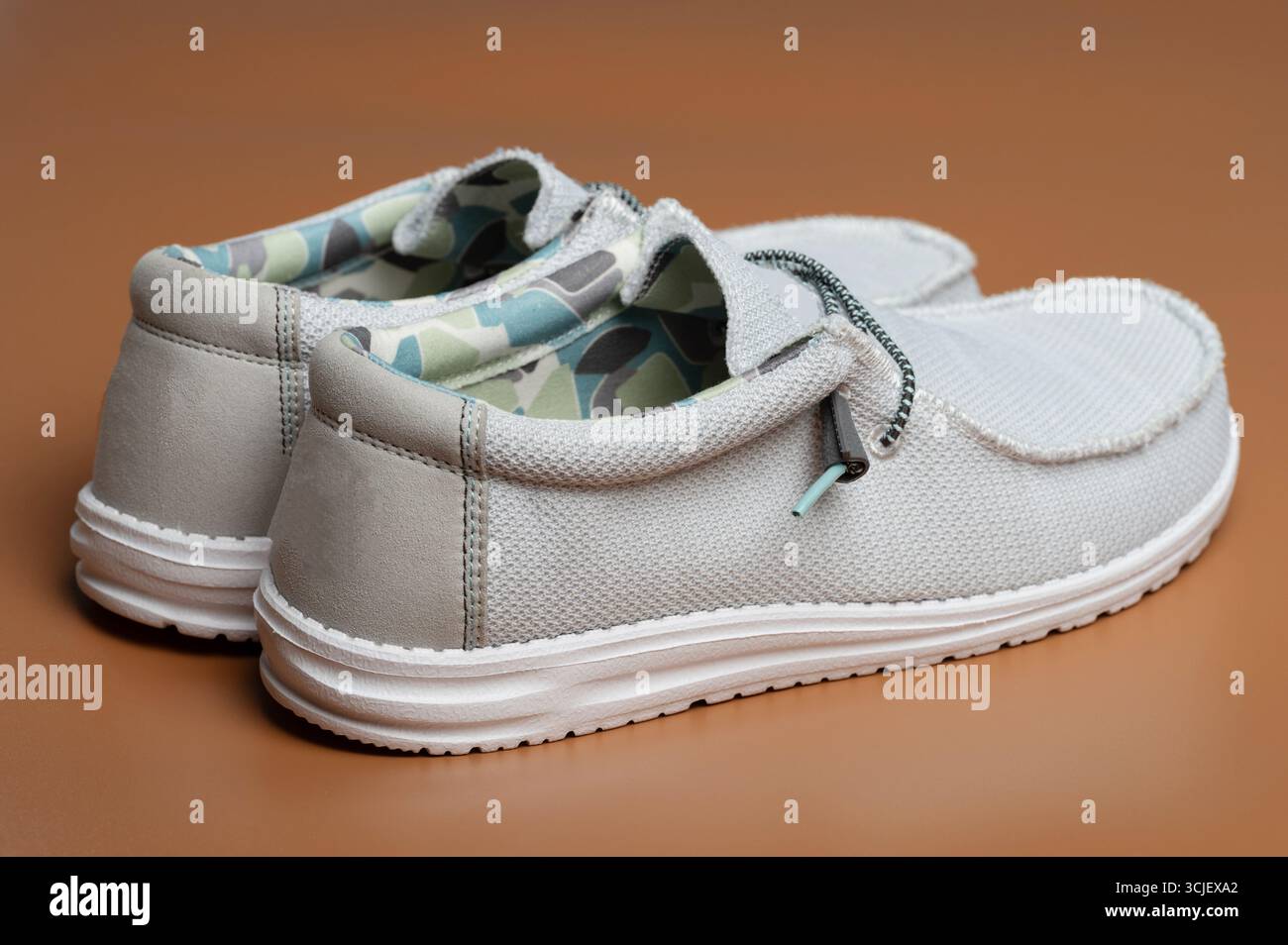 Scarpe casual in tessuto con vista posteriore isolata su sfondo marrone Foto Stock