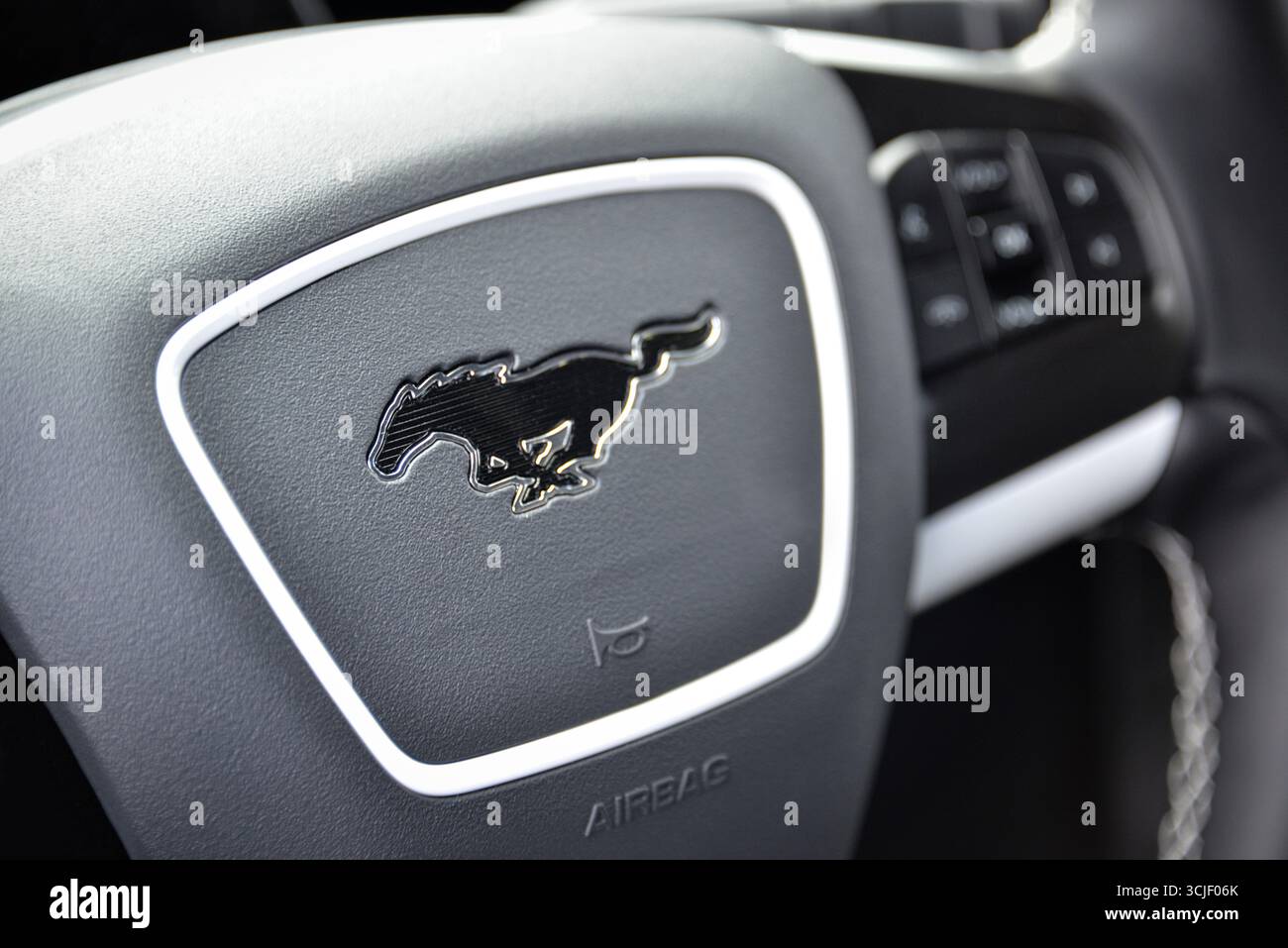 Volante in una Ford Mach e Mustang del 2025 alla fiera automobilistica Foto Stock Volante in una Ford Mach e Mustang del 2025 alla fiera automobilistica Foto Stock