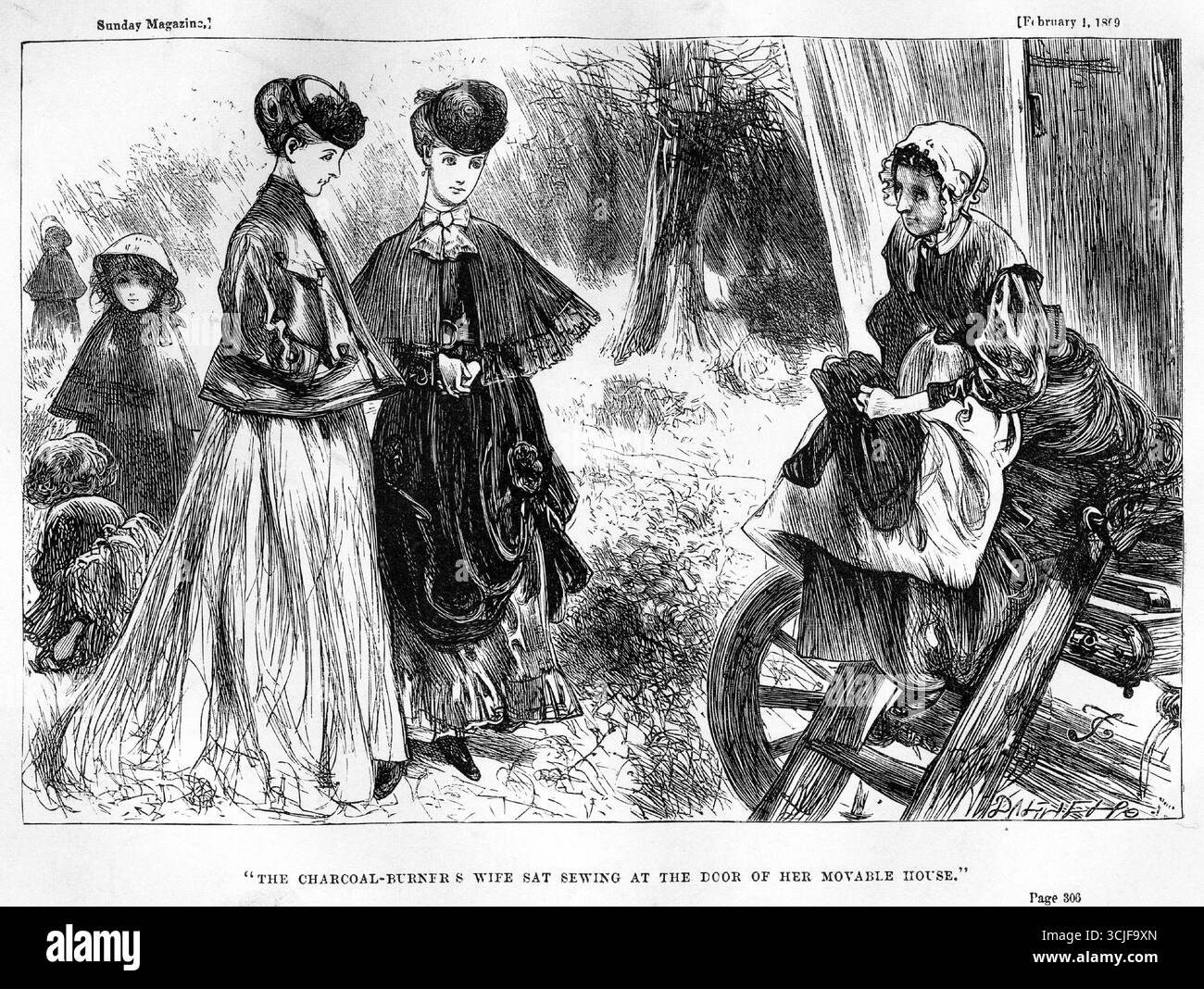 Incisione della moglie del bruciatore di carbone cucita alla porta della sua casa mobile, parlando con due giovani donne vestiti alla moda, pubblicato nel 1869 Foto Stock