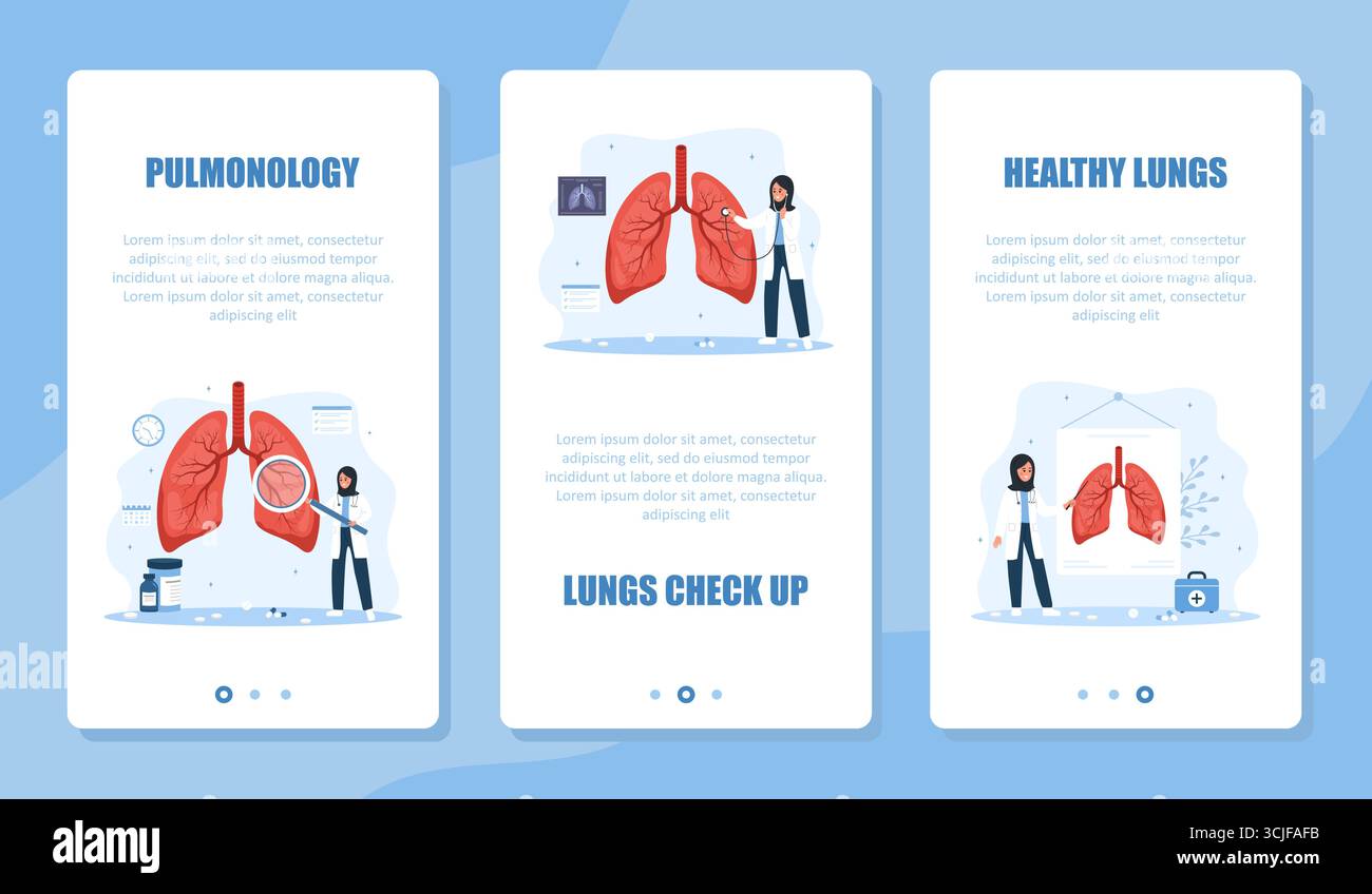 Set banner Pulmonology. Esame e trattamento dei polmoni. Polmonologa musulmana donna fare diagnosi e scegliere la terapia. Informazioni sui raggi X e sulla fluorografia Illustrazione Vettoriale