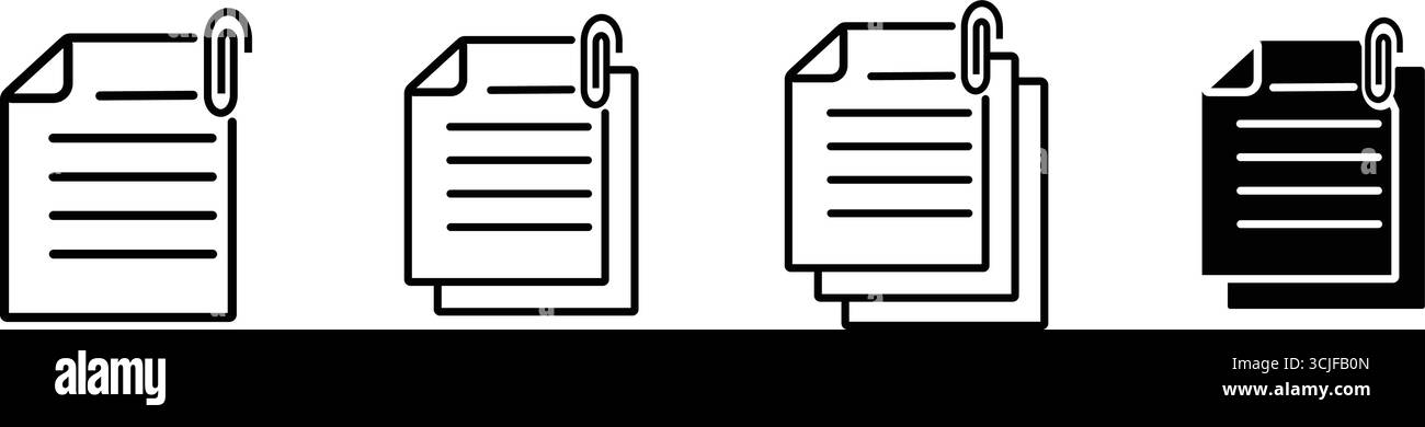 Una serie di icone di documenti e file, con una graffetta per indicare un allegato, con variazioni per un singolo foglio, una pila di due fogli, una grande Illustrazione Vettoriale