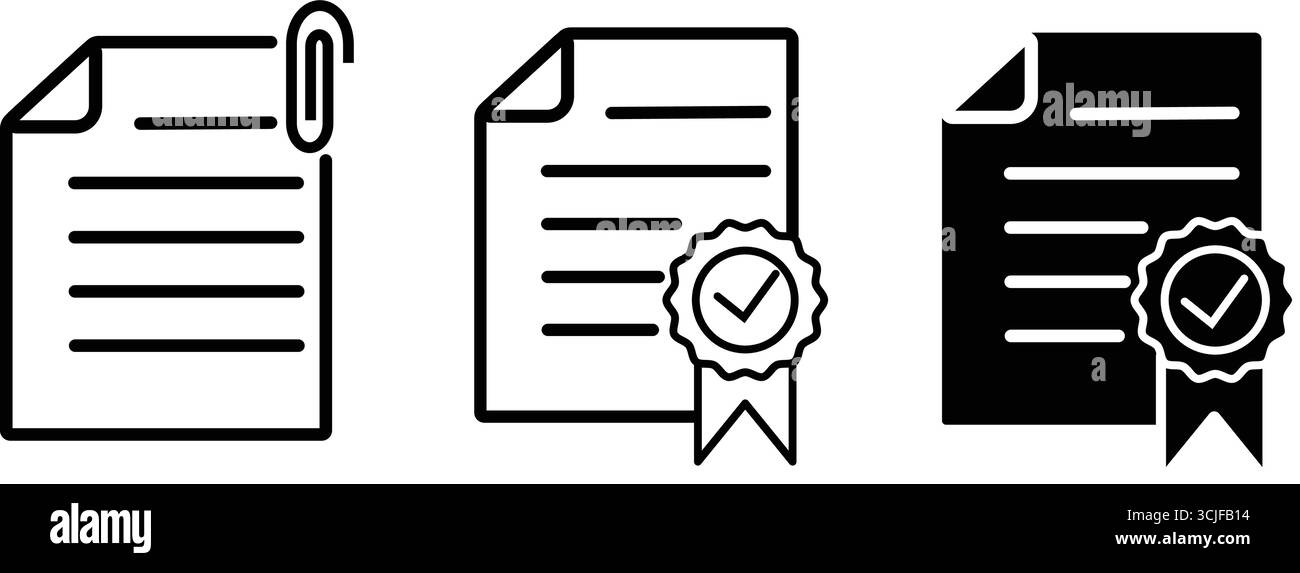 Una serie di icone di file e documenti, con una graffetta per gli allegati, un documento certificato con una barra multifunzione con segno di spunta e un documento approvato. Illustrazione Vettoriale