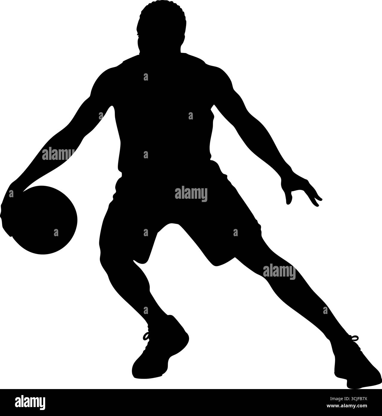 Silhouette nera a contrasto elevato di un giocatore di basket che pratica una palla. Isolata su sfondo bianco, perfetta per grafica sportiva, poster e allenamento Illustrazione Vettoriale