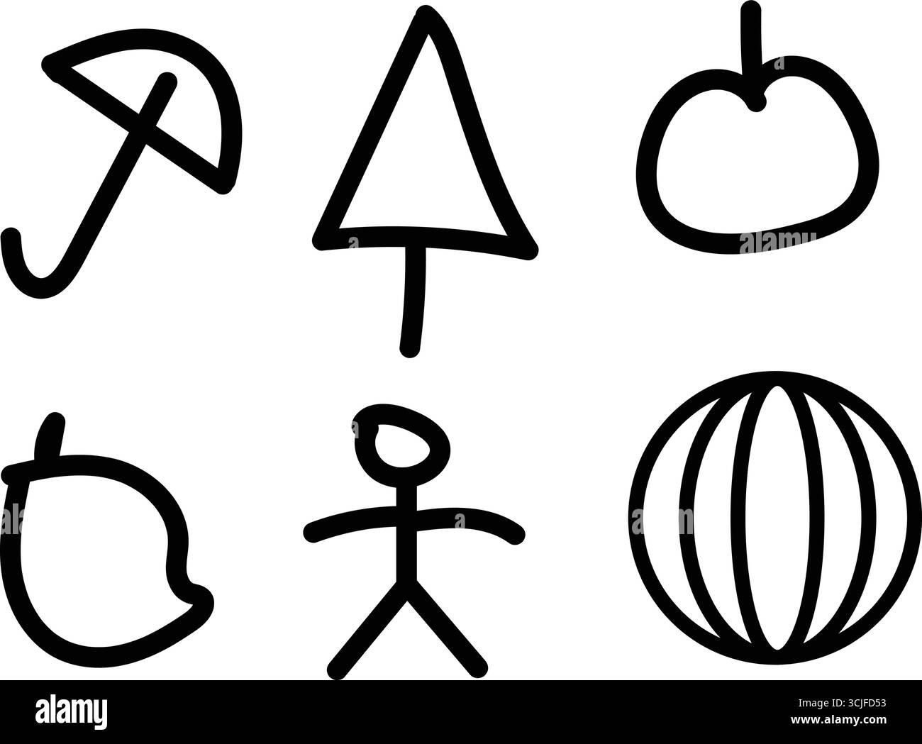Un'esposizione minimalista di scarabocchi per bambini, con icone semplici come ombrello, albero, mela, persona, frutta e palla. Illustrazione Vettoriale