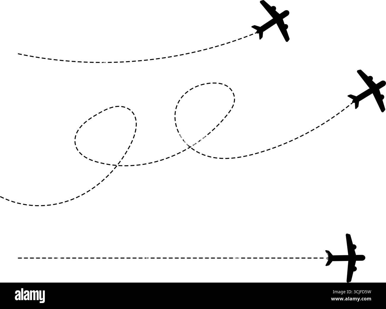 Immagine stravagante di tre aerei con i loro percorsi di volo, che rappresentano un viaggio di aviazione e l'emozione di viaggiare. Illustrazione Vettoriale