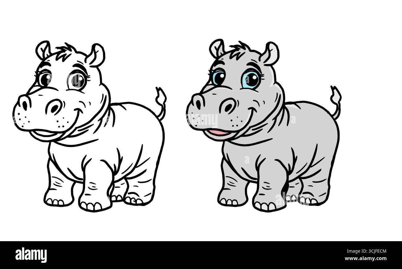 Divertente ippopotamo con occhi carini, semplice schizzo in bianco e nero e a colori. Illustrazione vettoriale. Un concetto di libro da colorare per i bambini, il disegno è isolato Illustrazione Vettoriale