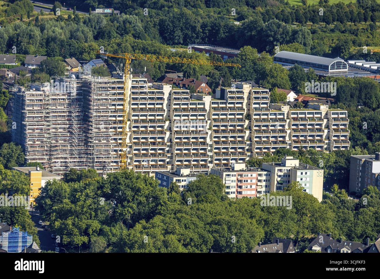 Vista aerea, blocco residenziale Hannibal II, impalcature per ristrutturazione e ristrutturazione, Vogelpothsweg, Dorstfeld, Dortmund, zona della Ruhr, Renania settentrionale-ovest Foto Stock