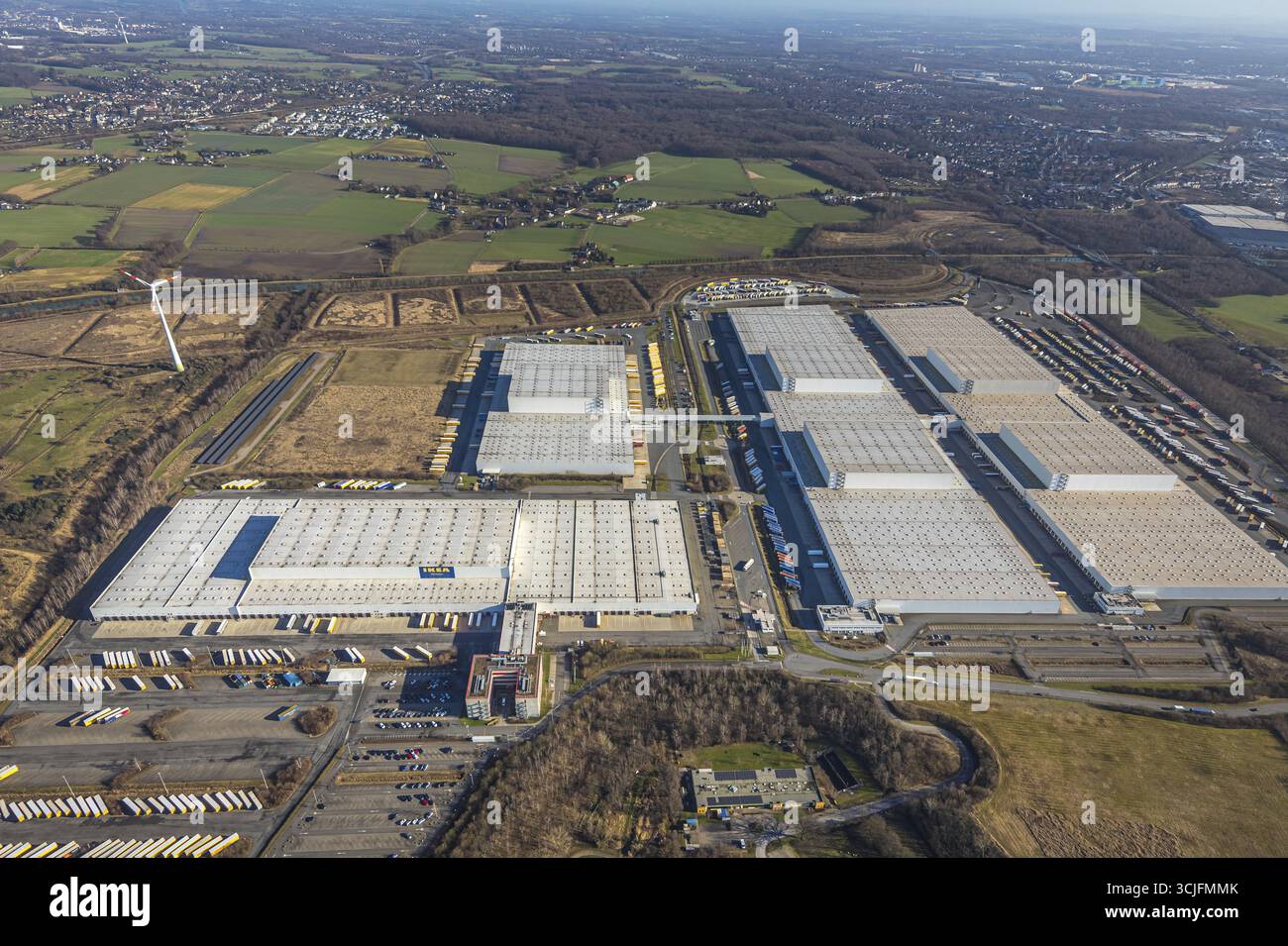 Vista aerea, Ikea Central warehouse Distribution center, Schwieringhausen, Dortmund, regione della Ruhr, Renania settentrionale-Vestfalia, Germania, lavoratori, luoghi di lavoro, Foto Stock