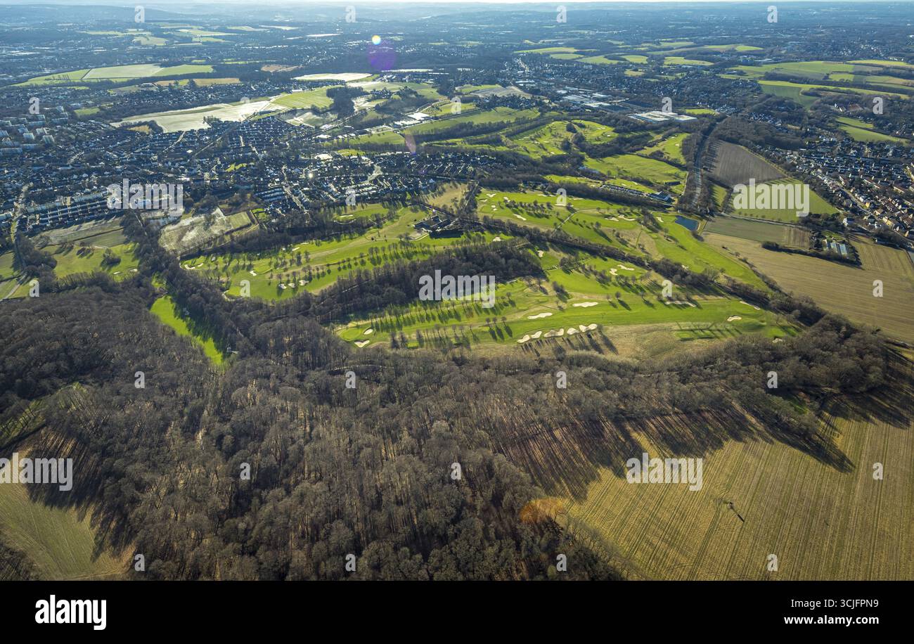 Vista aerea, campo da golf Golfclub Castrop-Rauxel e.V. a Frohlinde, campo da golf, bunker pieni di sabbia e golf green, Frohlinde, Castrop-Rauxel, Ruhr A. Foto Stock