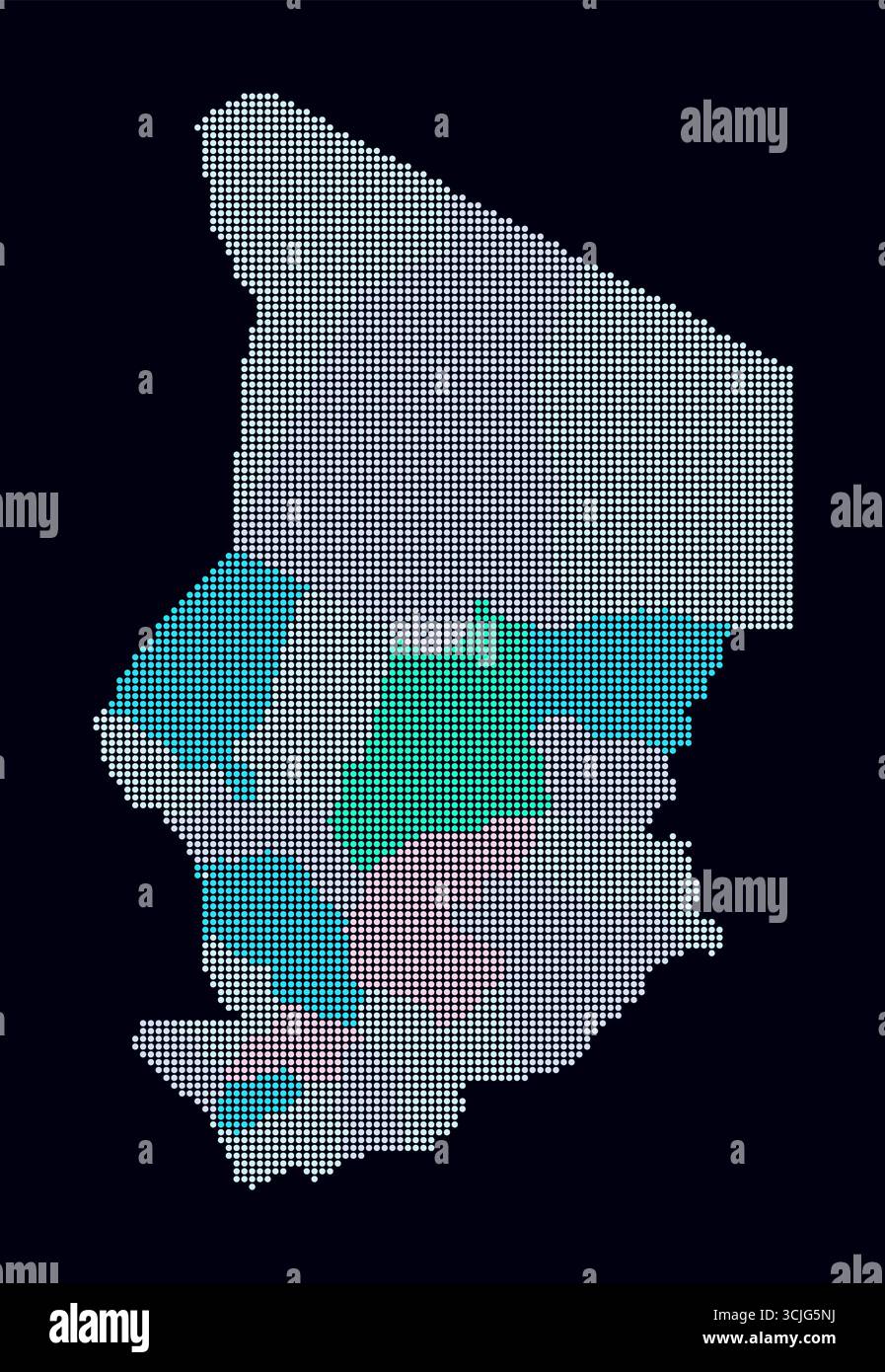 Cartina punteggiata in Ciad. Mappa digitale del paese su sfondo scuro. Forma del Ciad con punti circolari. Stile puntini colorati. Cerchi di piccole dimensioni. Illustrazione Vettoriale