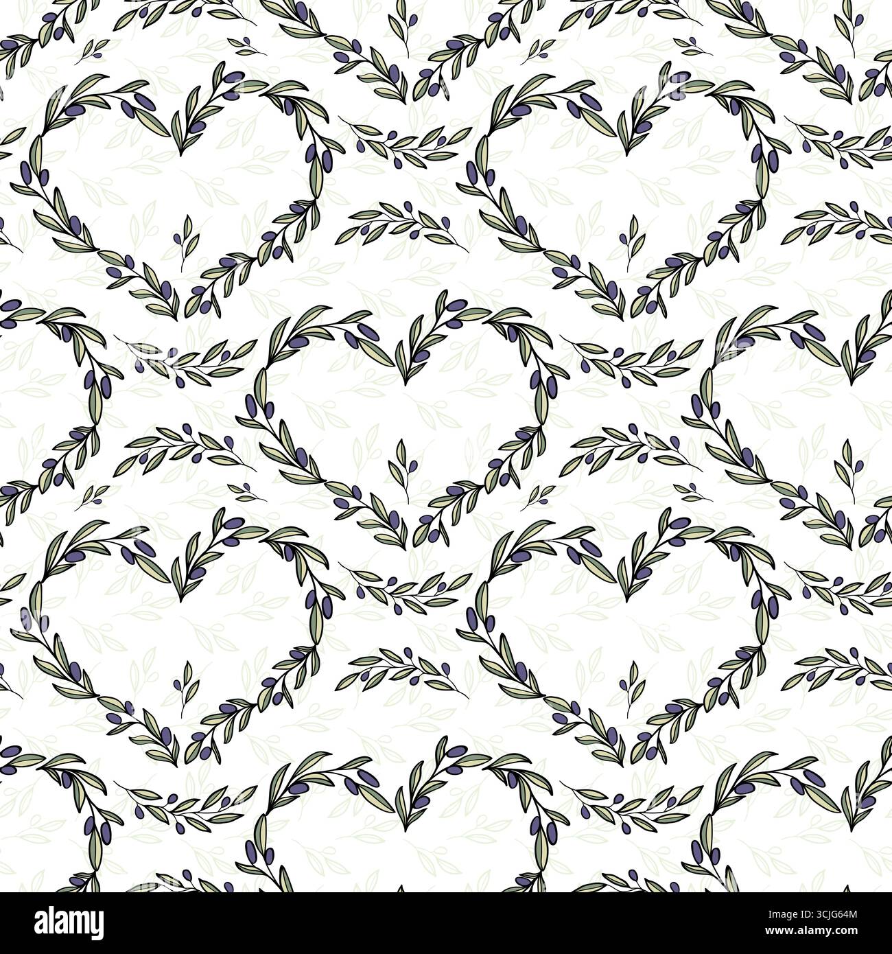 La struttura a cuore con ramoscello d'oliva disegnata a mano lascia un motivo senza cuciture per un design tessile. Sfondo monocromatico semplice line art. Illustrazione Vettoriale