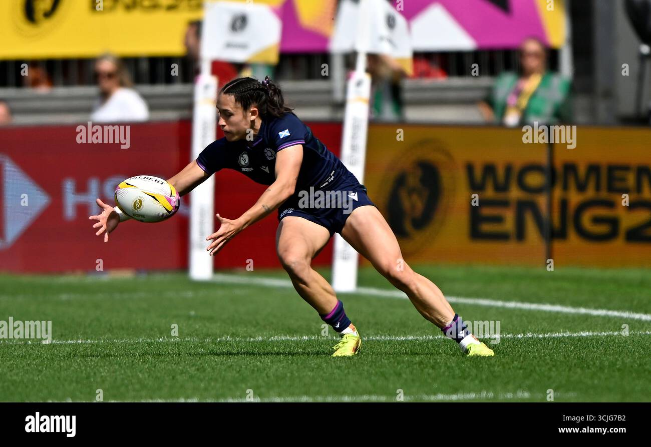 Exeter, Regno Unito. 6 settembre 2025. Coppa del mondo di rugby femminile. Canada V Scozia. Sandy Park. Exeter. Rhona Lloyd (Scozia) raccoglie un pallone rimbalzante durante la Coppa del mondo di rugby femminile Canada V Scotland, piscina B, partita di rugby. Crediti: Sport in foto/Alamy Live News Foto Stock