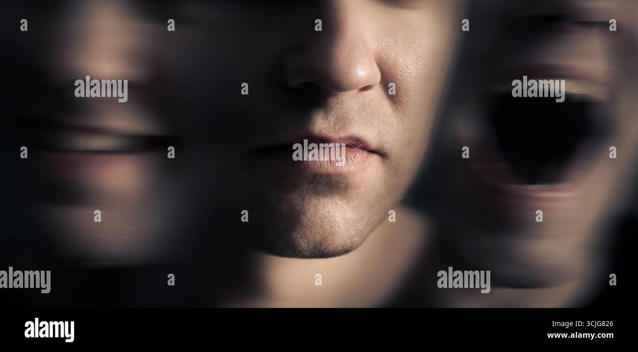 Disturbo bipolare, schizofrenia o personalità borderline. PTSD, ADHD, trauma o ansia di un uomo. Cambiamento d'umore, da triste a felice. Squilibrio di salute mentale. Foto Stock