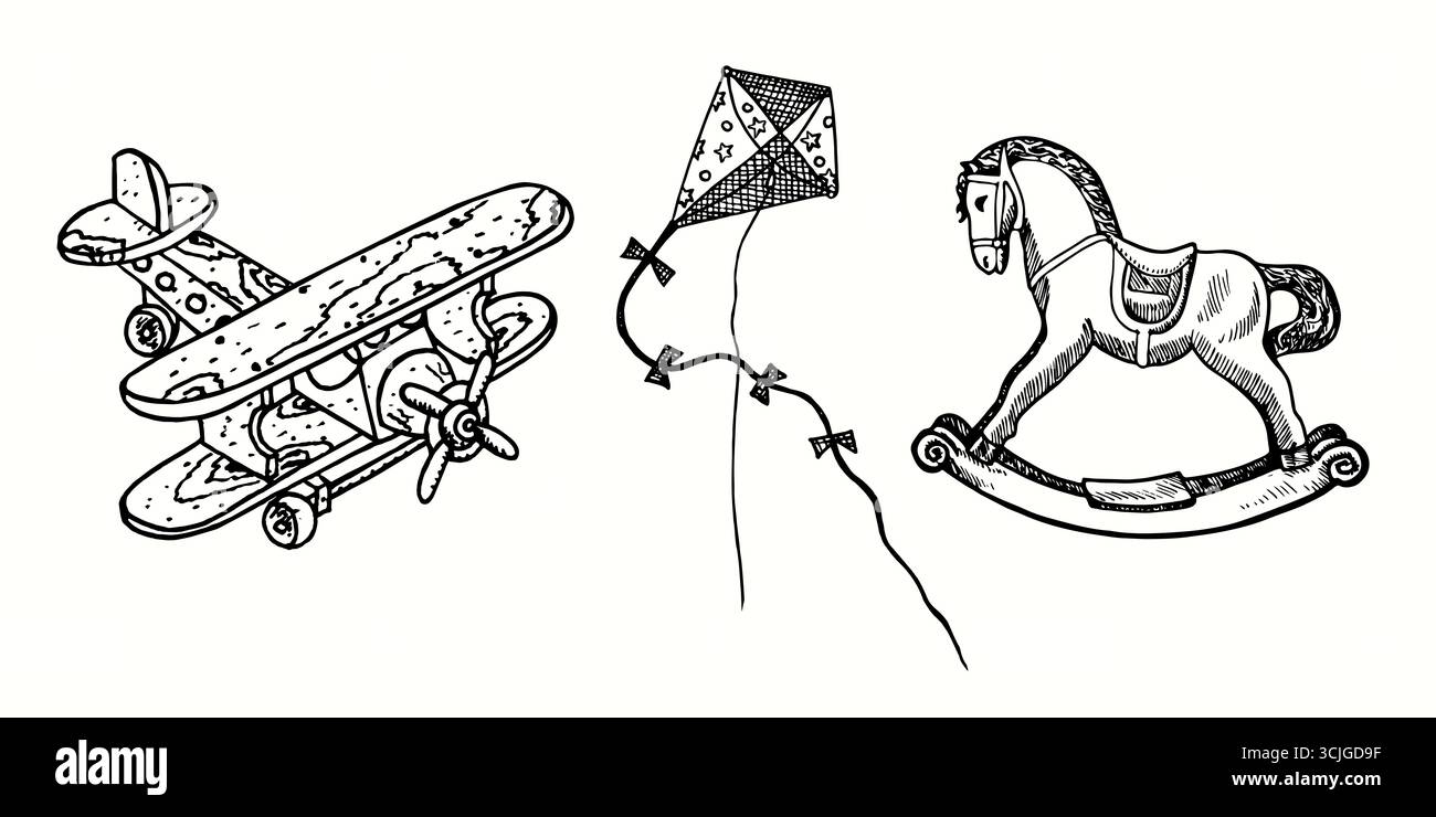 Aeroplano giocattolo in legno, aquilone, cavallino a dondolo, collezione di giocattoli retrò, disegno a doodle bianco e nero a inchiostro in stile xilografico Foto Stock
