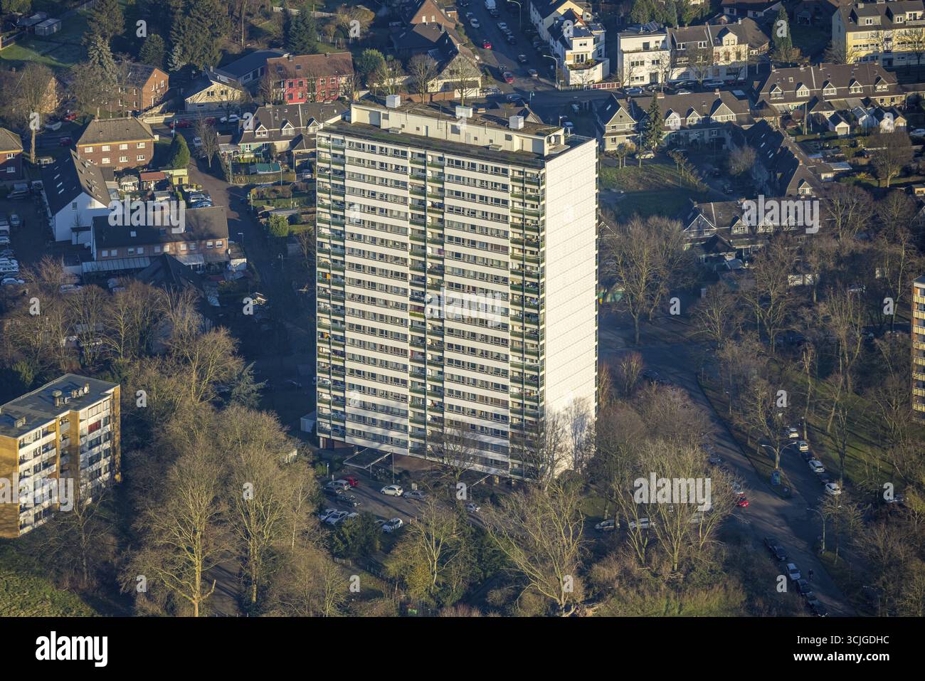 Veduta aerea, Die Weissen Riesen Hochhaeuser Wohnpark Hochheide, alta proprietà residenziale, balconi, forme e colori, Hochheide, Duisbu Foto Stock