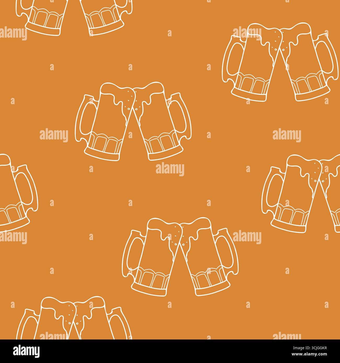 Birra senza cuciture. Line art bianca isolata su sfondo marrone e arancione. Tostare tazze da birra intere con una schiuma. Illustrazione del vettore disegnato a mano nella Illustrazione Vettoriale