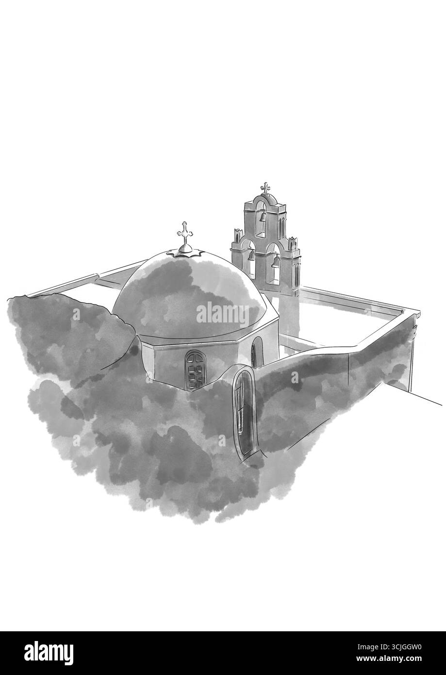 Illustrazione in bianco e nero di una chiesa ortodossa in Grecia Foto Stock