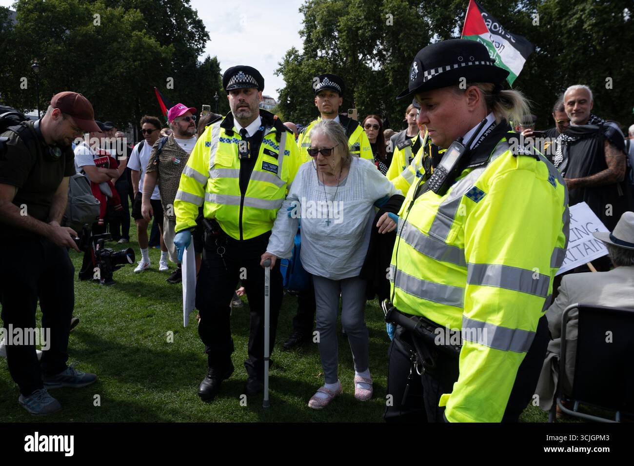 Londra. Westminster. Piazza del Parlamento. 6 settembre 2025. A una protesta organizzata da difendere le nostre giurie contro la proscrizione di azione Palestina, Foto Stock