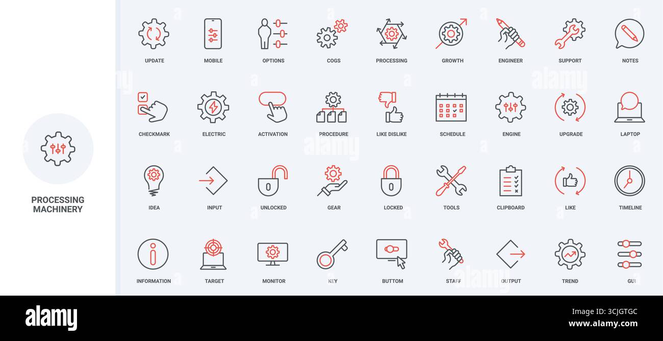 Ingranaggi di lavorazione, ruota dentata di meccanismo e macchinari, set di icone della linea di strumenti di riparazione. Supporto del processo, ingranaggi con frecce e cursori delle impostazioni sottili simboli di contorno neri e rossi illustrazione vettoriale Illustrazione Vettoriale