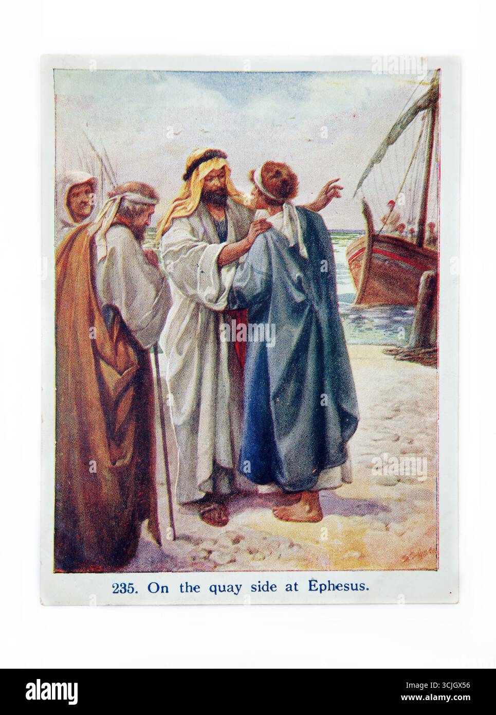 Illustrazione di San Paolo Apostolo che fa offerte addio ai diaconi al Quay di Efeso (atti) del XX secolo 1914 Bibbia Lesson Pictures (The Children Lesson Pictures) Scuola domenicale Foto Stock