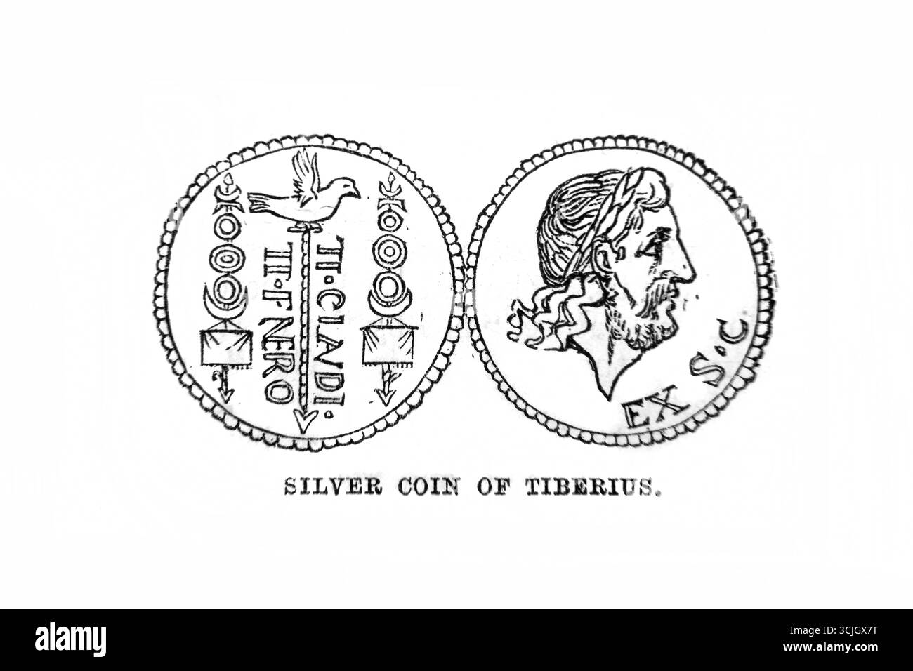 Illustrazione della moneta d'argento romana di Tiberio dall'Antico XIX secolo la Sacra Bibbia contenente il Vecchio e il nuovo Testamento con note esplicative, Foto Stock