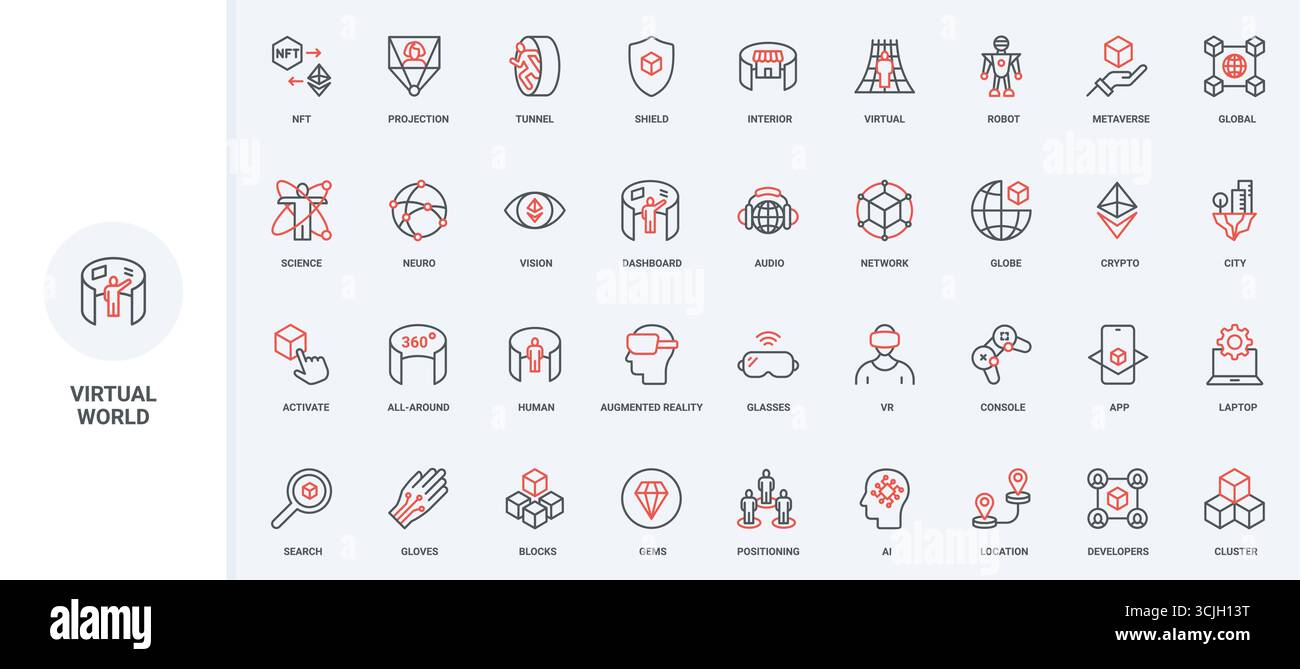 Viaggia verso la metaversa e l'esperienza del mondo virtuale con la realtà virtuale e i dispositivi digitali, con il set di icone a linea dello schermo panoramico. Innovazione futuristica, illustrazione vettoriale dei simboli di contorno nero e rosso sottili del cyberspazio Illustrazione Vettoriale