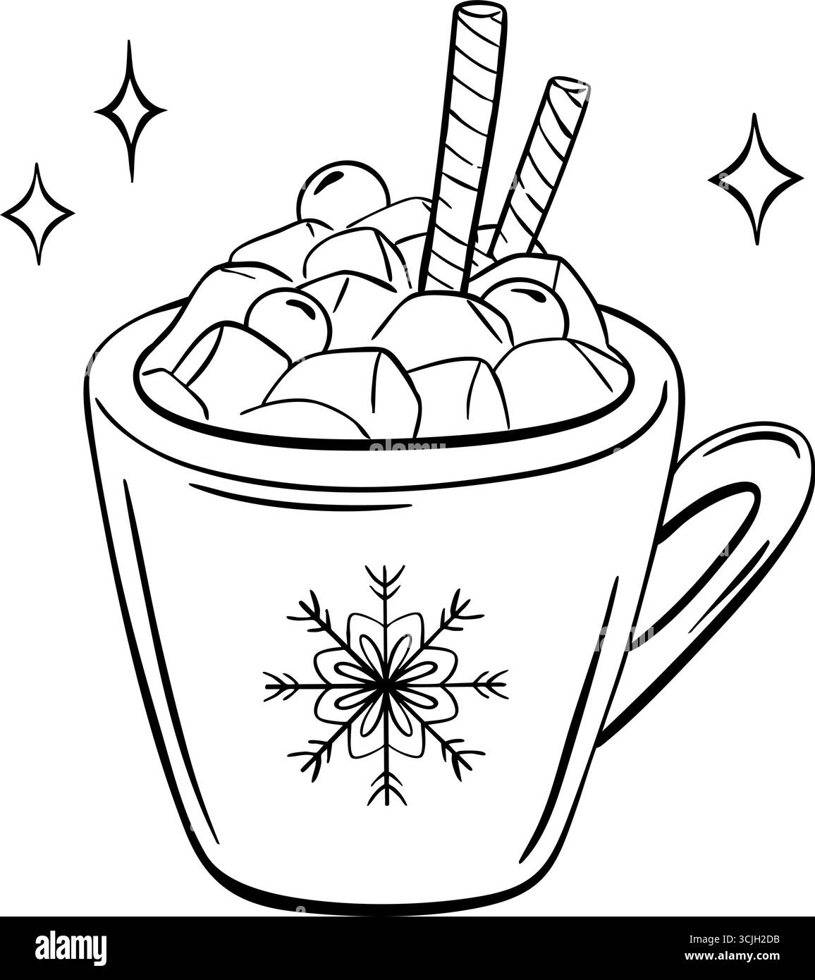 Un'accogliente tazza di cioccolata calda con marshmallow, perfetta per colorare pagine, feste di Capodanno e progetti a tema natalizio. Illustrazione Vettoriale