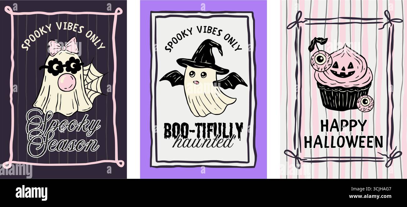 Set di poster di Halloween rosa retrò stravagante Doodle Coquette carino vettore di carte con Ghost Cupcake Eyeball Spider Web Collection Illustrazione Vettoriale