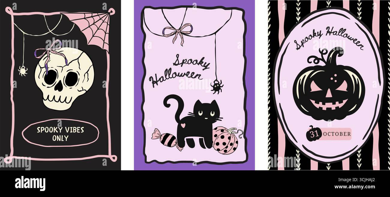 Set di poster di Halloween rosa retrò per la fantasiosa Doodle Coquette, carino vettore di carte con teschio di gatto, zucca, caramelle e Spooky Collection Illustrazione Vettoriale