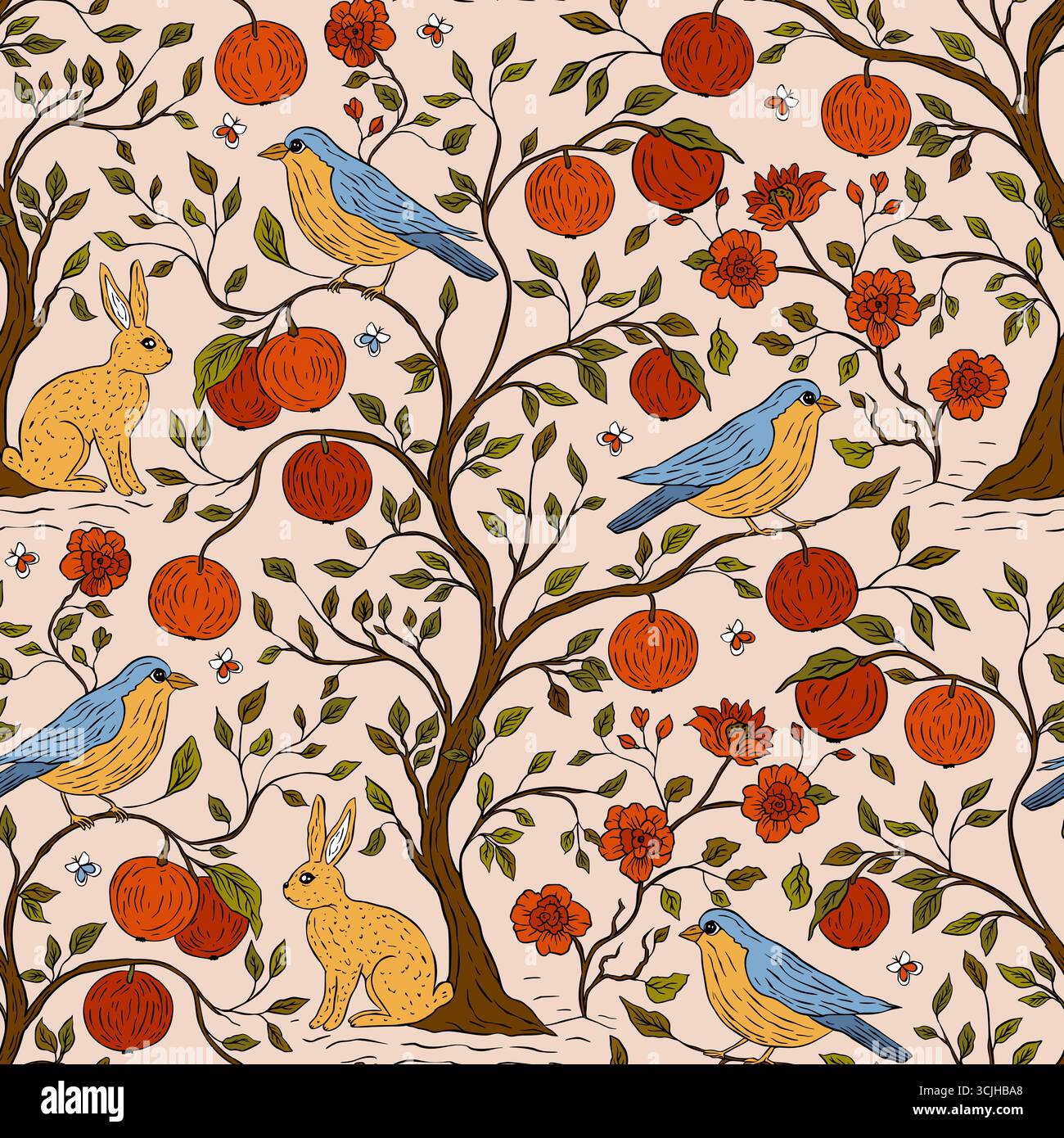 Stravagante bohémien Boho Garden Seamless Pattern con coniglio uccello Apple Fruit Tree Fiore in fiore e viti decorative Illustrazione Vettoriale