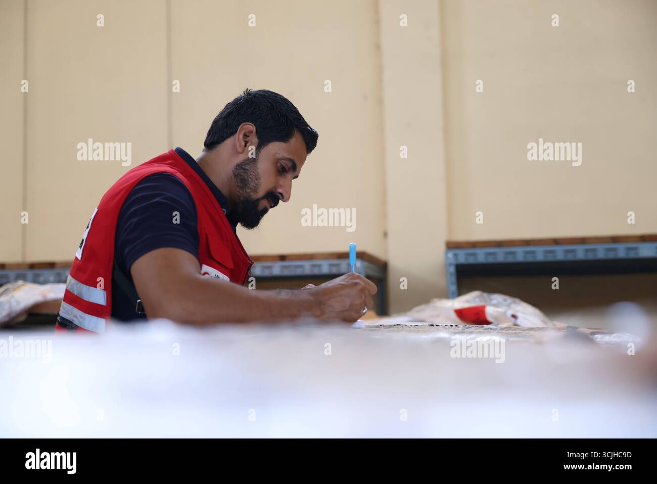 Gli operatori di soccorso scaricano la spedizione di aiuti medici del Qatar a Damasco per sostenere il recupero dopo Assad in Syrias gli operatori di soccorso scaricano scatole di aiuti medici fornite dal Qatar all'aeroporto internazionale di Damasco, parte del ponte umanitario a sostegno del recupero e della ricostruzione siriani dopo la caduta di Bashar al-Assad. Damasco Siria Copyright: XMohammadxBashirxAldaherx Foto Stock