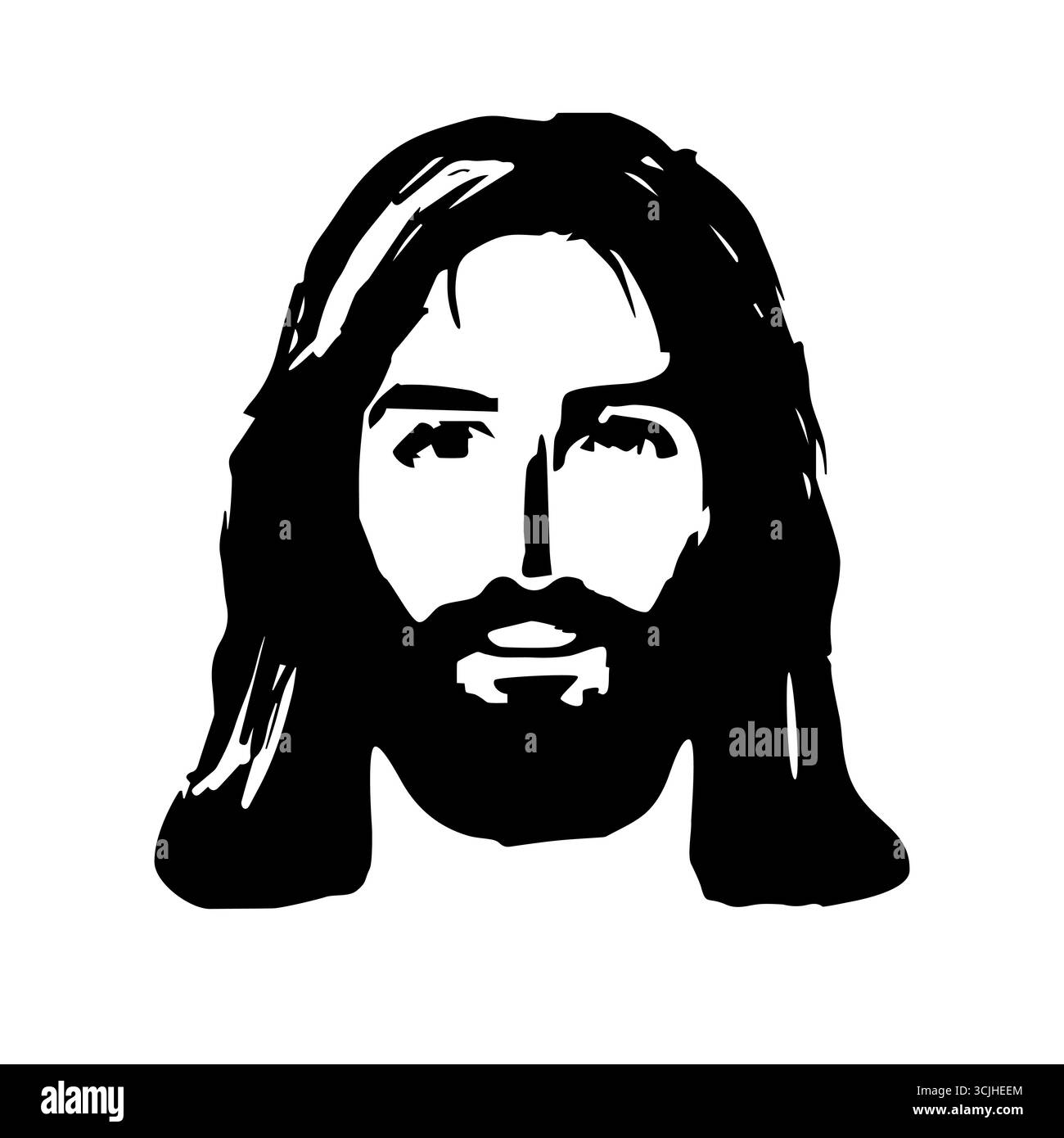 Gesù Cristo ritratto in stile disegnato a mano. Silhouette in bianco e nero. Elemento di branding. Testa umana. Illustrazione Vettoriale