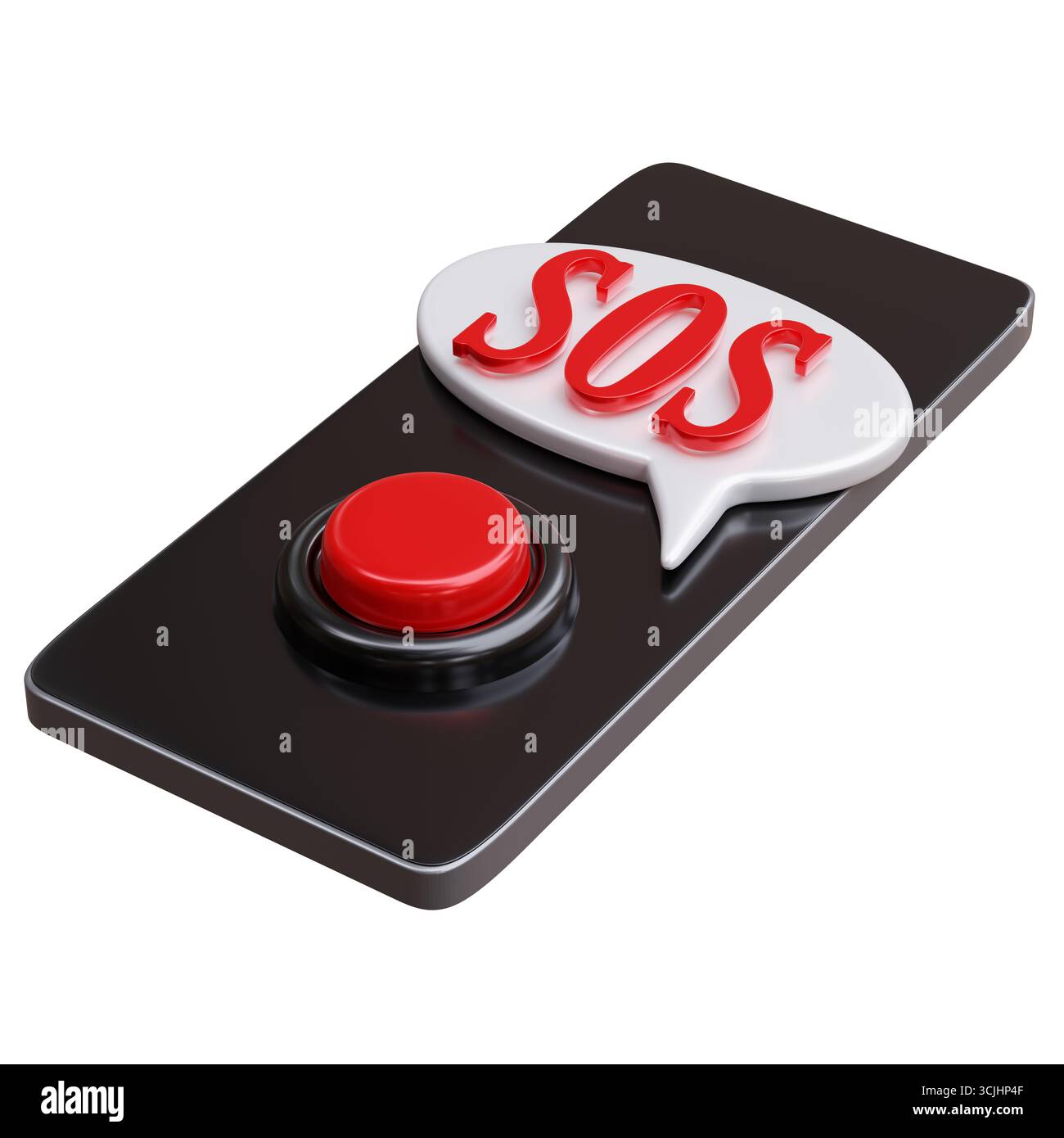 Pulsante SOS su un telefono cellulare isolato in bianco. Hotline per chiamate di emergenza, illustrazione 3d. Foto Stock