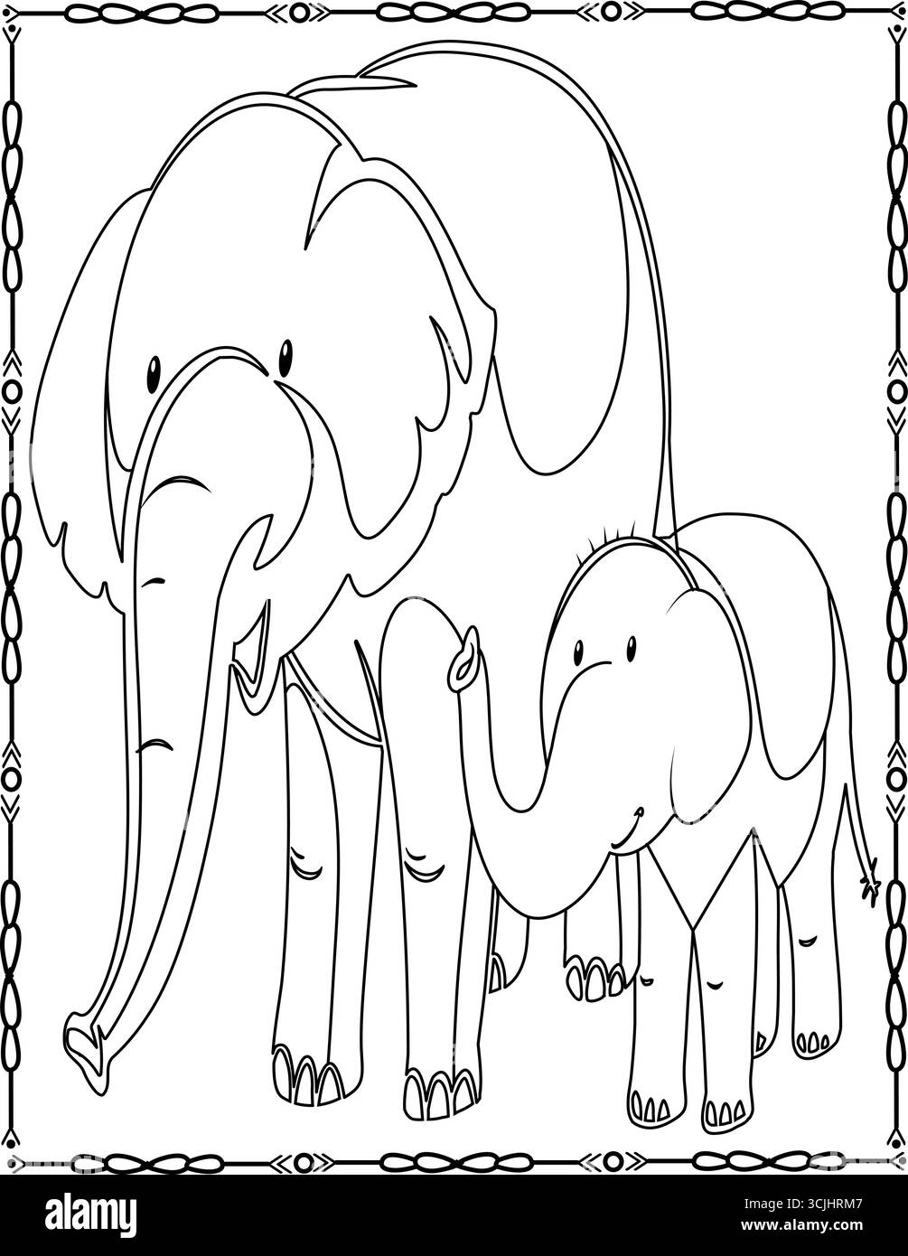 Pagina di colorazione per bambini con elefante madre e bambino, un'attività divertente per i bambini, con contorno stampabile su sfondo trasparente. Illustrazione Vettoriale