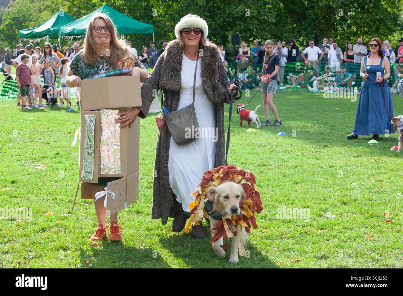Londra, Regno Unito. 7 settembre 2025. Il cantante e attore Olly Alexander, chef e imprenditore Levi Roots (con il figlio Christopher) e l'artista Andrew Logan sono stati i giudici quest'anno per il Myatt's Fields Dog Show. Ambientato in un parco vicino a Brixton, lo spettacolo include premi per Perfect Puppy, Golden Oldie, Remarkable Rescue, Agility, Doggy Doppelganger e una gara di costumi per la giornata mondiale del libro. Questi sono il Leone, la Strega e l'armadio. Crediti: Anna Watson/Alamy Live News Foto Stock