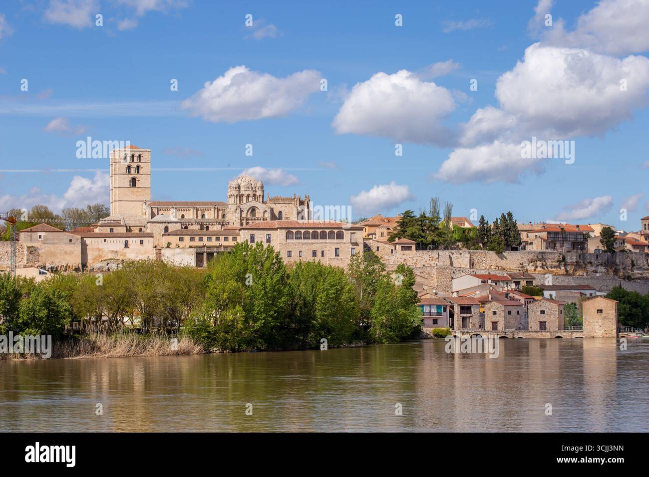 Mulini ad acqua sul fiume Douro nella città spagnola di Zamora, in Spagna, con la cattedrale in alto sulle rive sopra Foto Stock