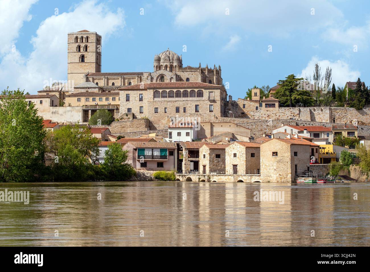 Mulini ad acqua sul fiume Douro nella città spagnola di Zamora, in Spagna, con la cattedrale in alto sulle rive sopra Foto Stock