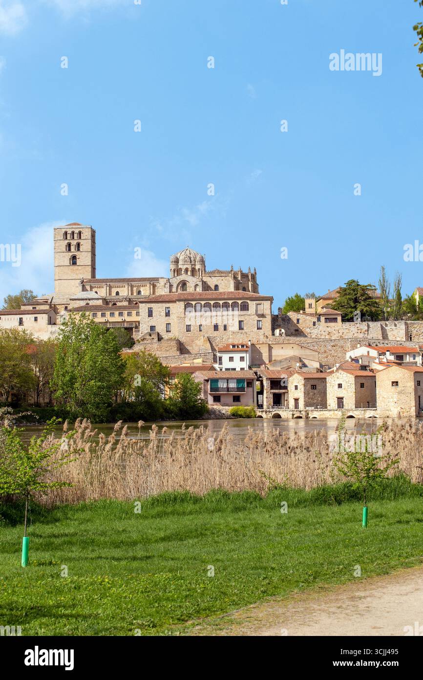 Mulini ad acqua sul fiume Douro nella città spagnola di Zamora, in Spagna, con la cattedrale in alto sulle rive sopra Foto Stock